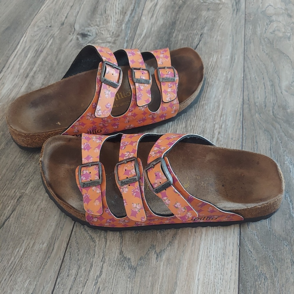 Papillio Birkenstock Florida Sandals Orange Floral 3 Strap Cork EU 40 US 9-9.5